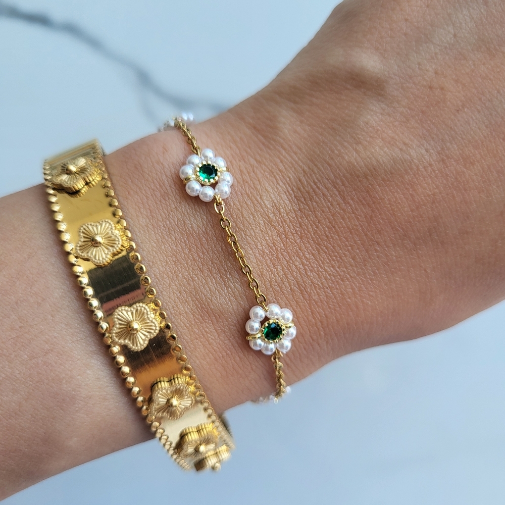 18K Gold Plated Daint Flower Pearl Bead Chain Bracelet Hypoallergenic Jewellery